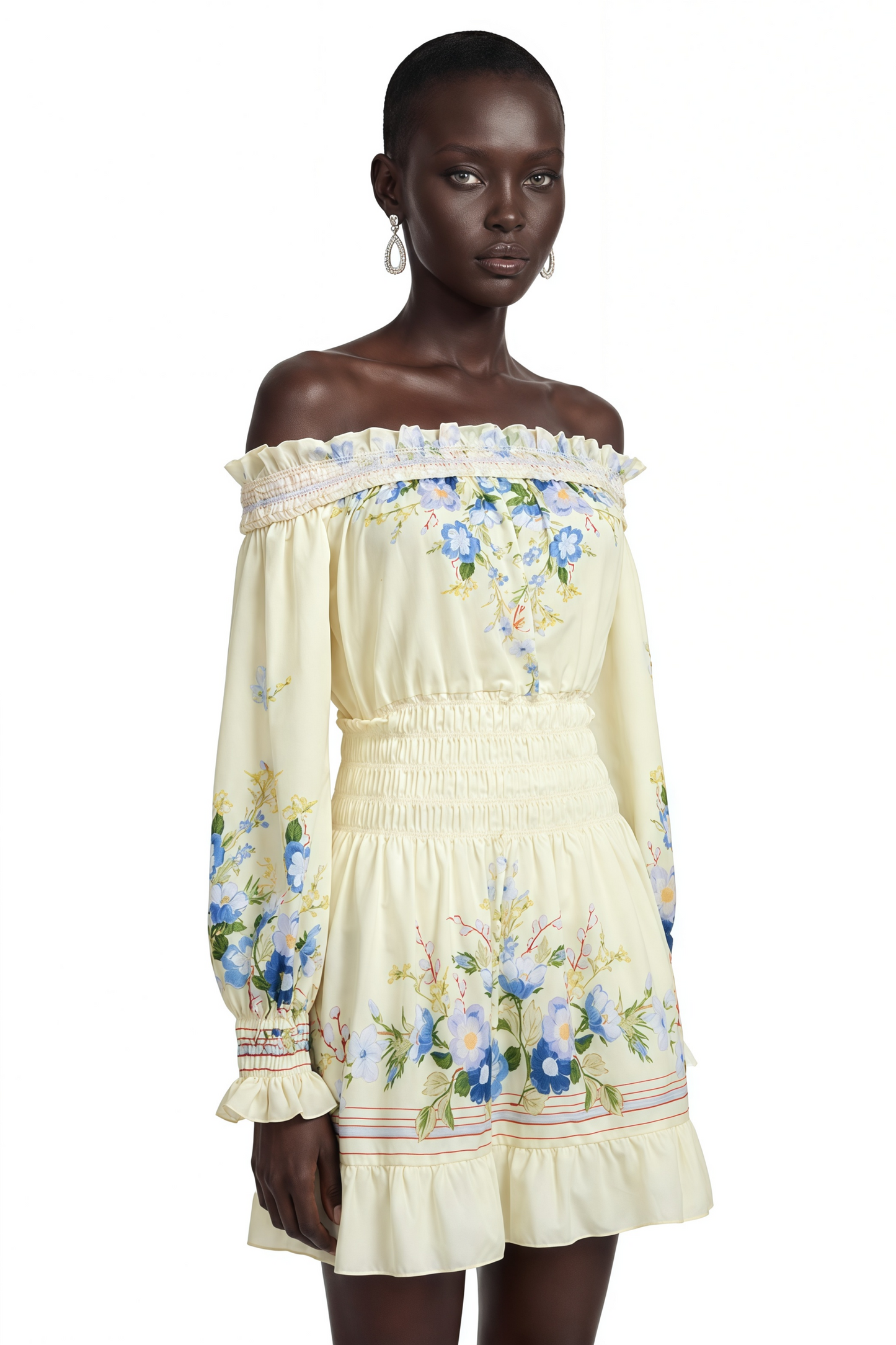 Crystal Yellow Off Shoulder Floral Print Mini Dress