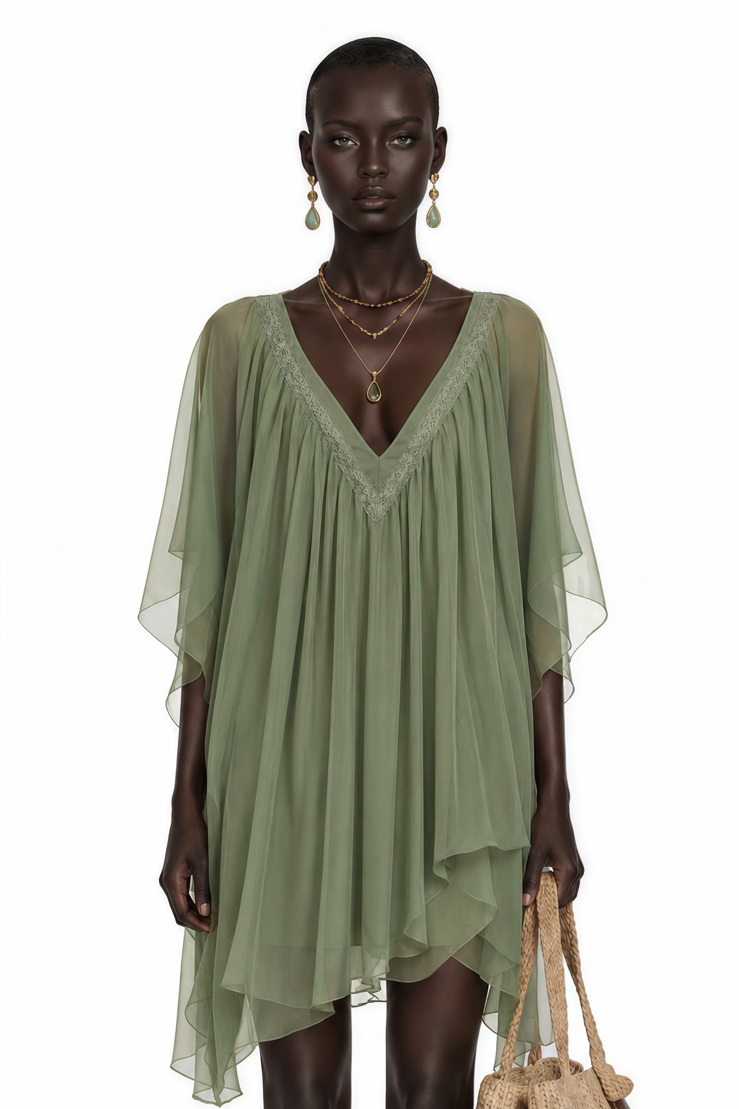 Cyrielle Emerald Green Chiffon Cape Mini Dress