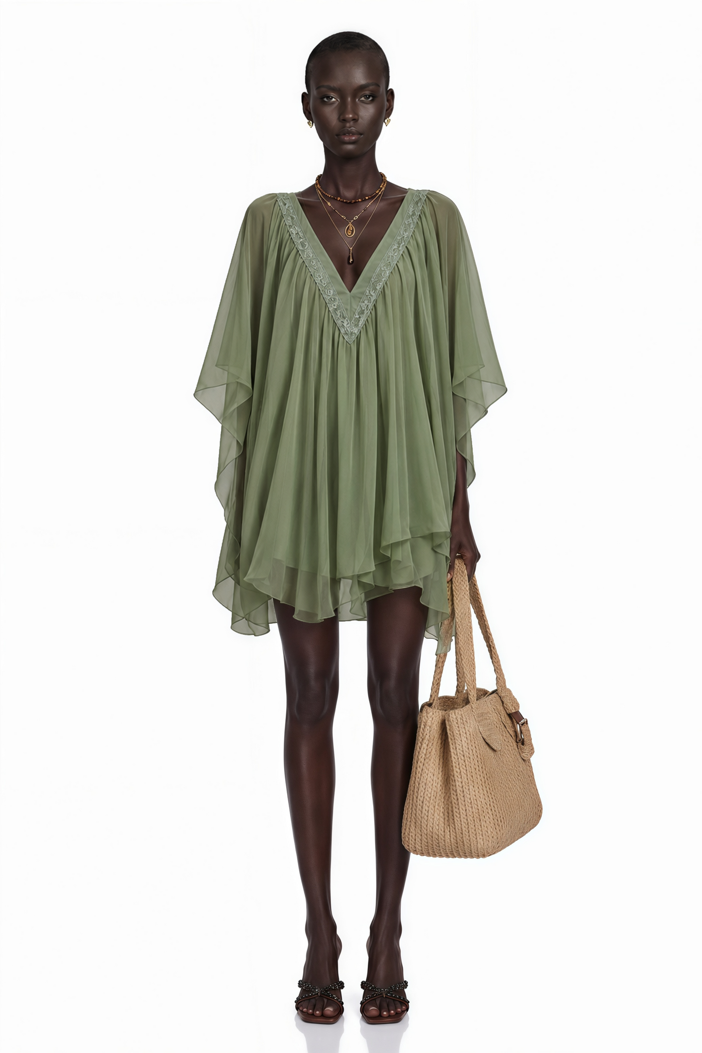 Cyrielle Emerald Green Chiffon Cape Mini Dress