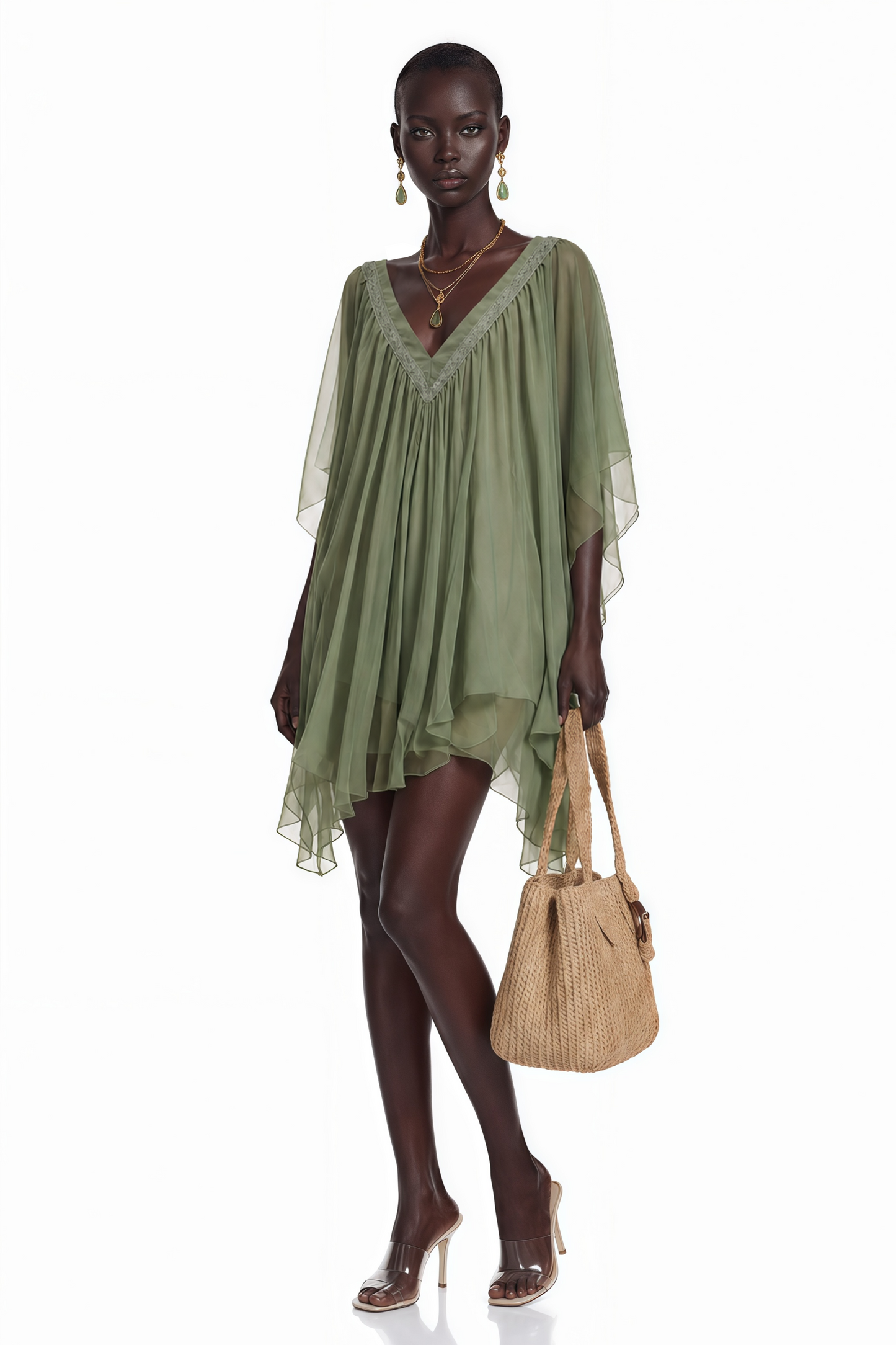 Cyrielle Emerald Green Chiffon Cape Mini Dress