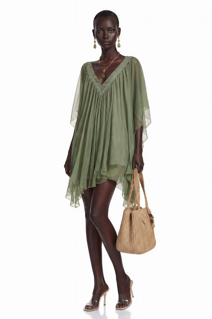 Cyrielle Emerald Green Chiffon Cape Mini Dress
