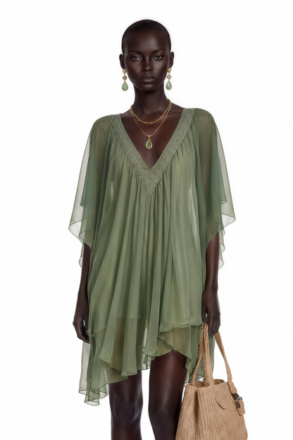 Cyrielle Emerald Green Chiffon Cape Mini Dress