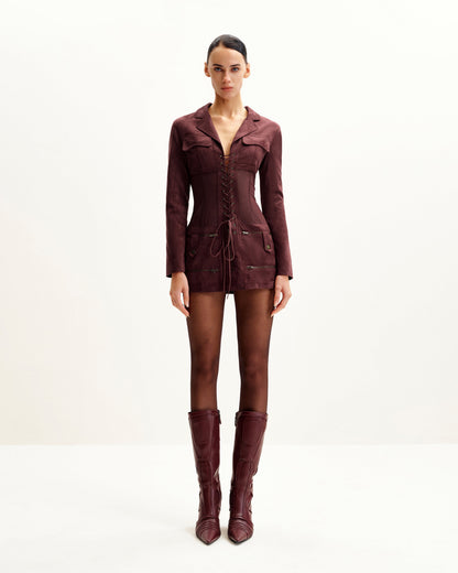 Suni Süet Korse Model Ceket Mini Elbise - Bordo