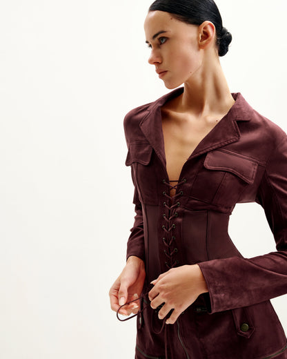 Suni Süet Korse Model Ceket Mini Elbise - Bordo
