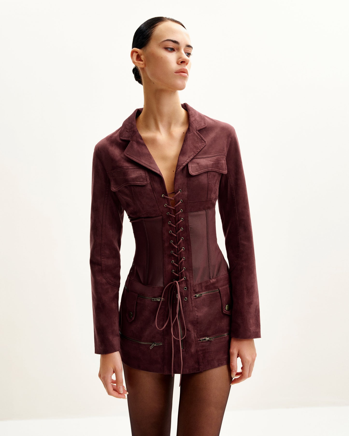 Suni Süet Korse Model Ceket Mini Elbise - Bordo