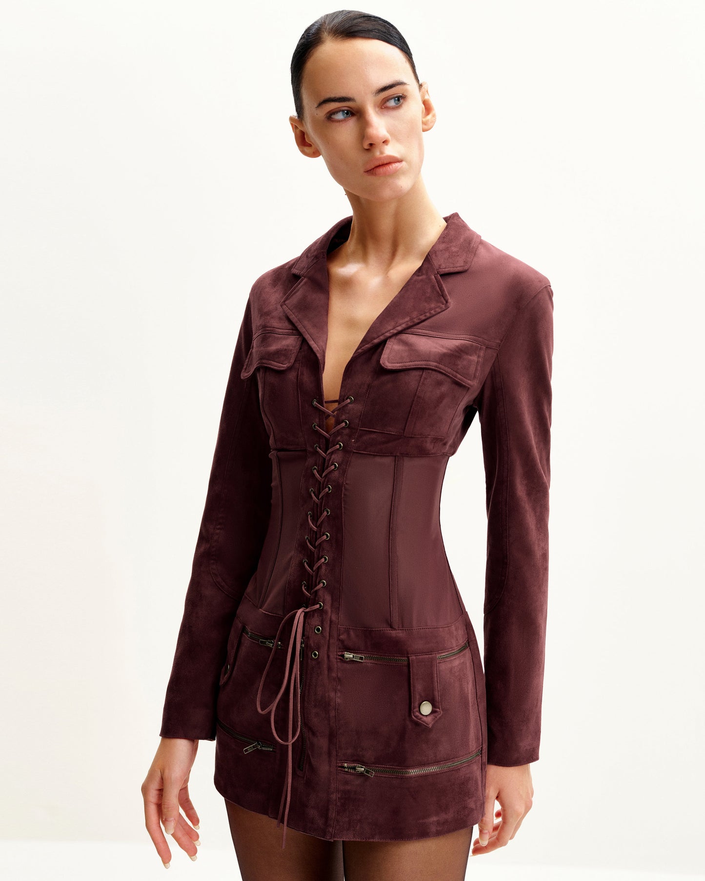Suni Süet Korse Model Ceket Mini Elbise - Bordo