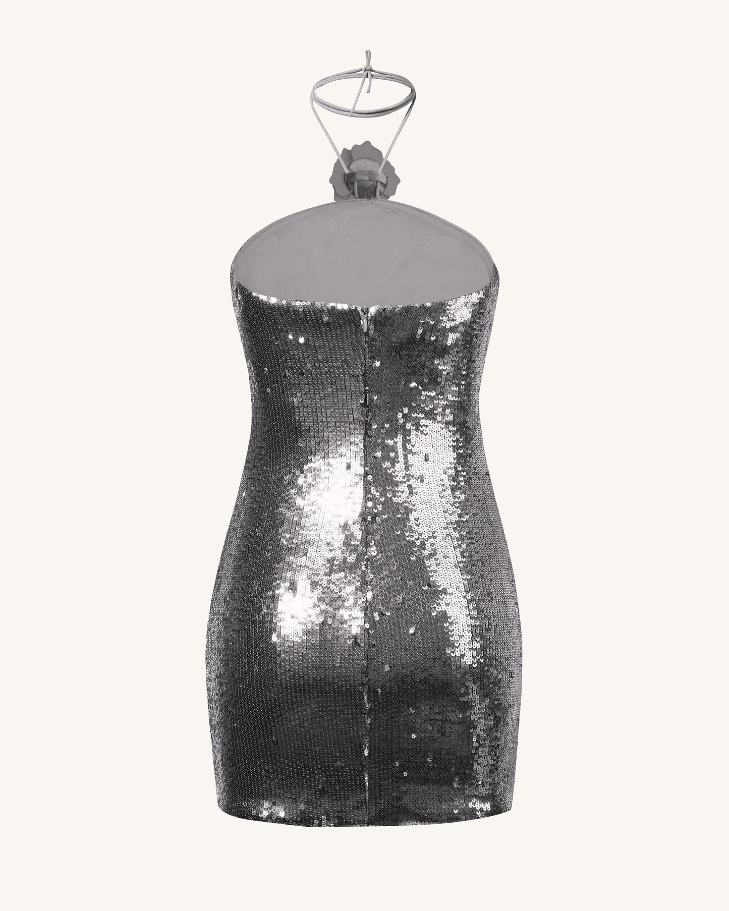 Bordo Gümüş Payetli Halter Yaka Mini Elbise - Gümüş