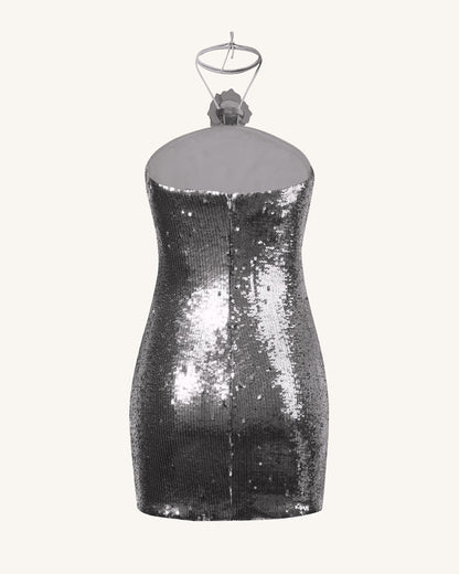 Bordo Gümüş Payetli Halter Yaka Mini Elbise - Gümüş