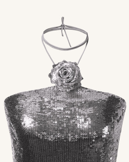 Bordo Gümüş Payetli Halter Yaka Mini Elbise - Gümüş