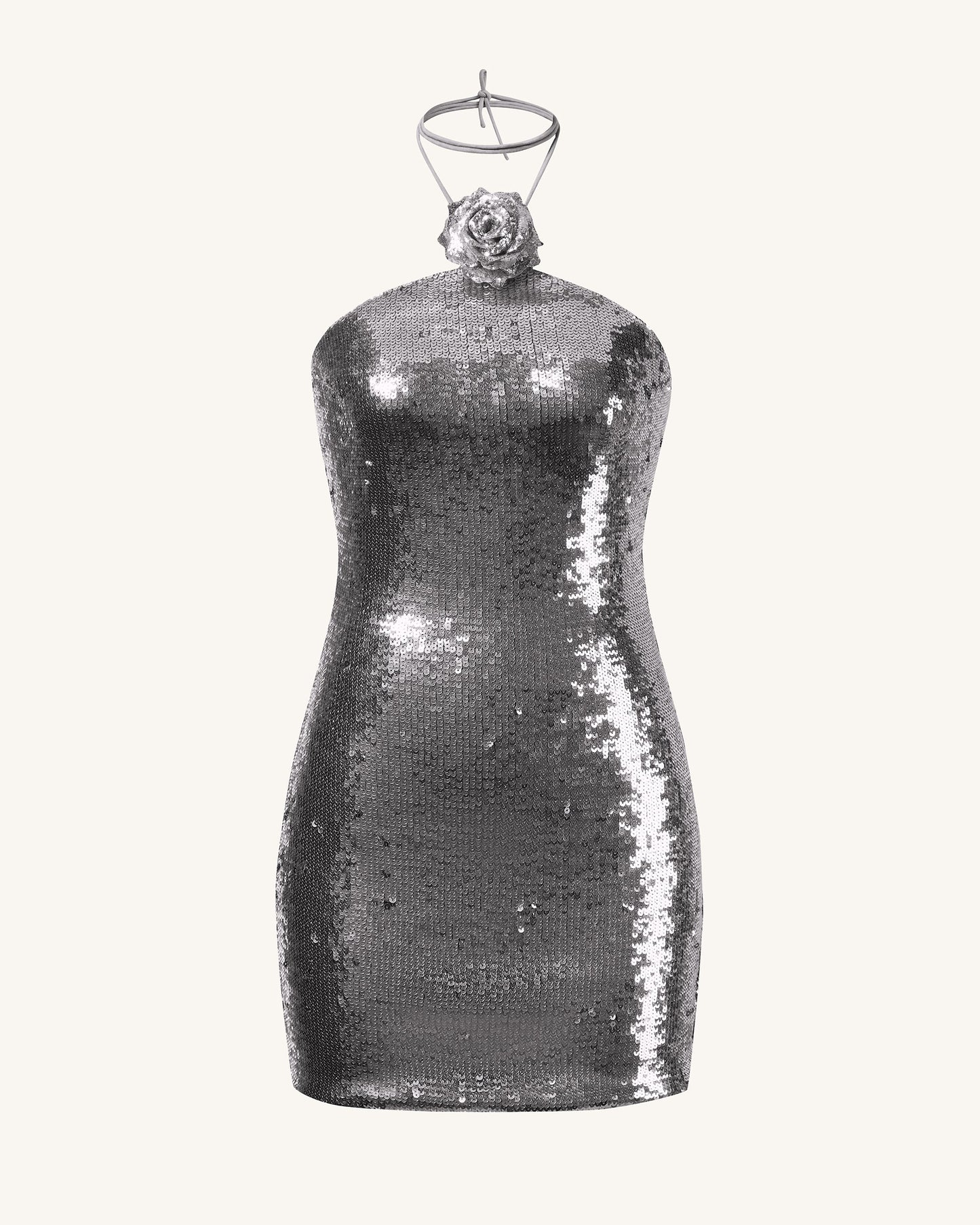 Bordo Gümüş Payetli Halter Yaka Mini Elbise - Gümüş