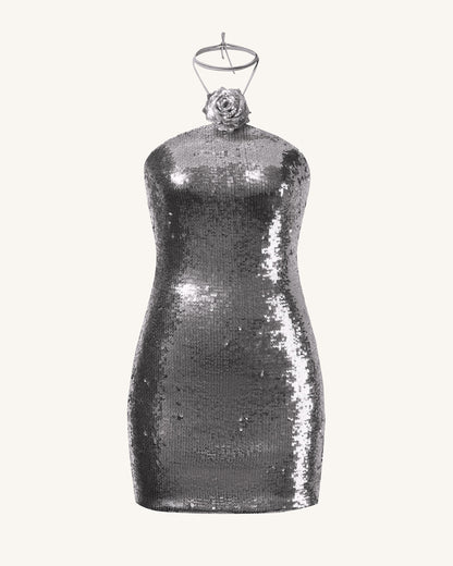 Bordo Gümüş Payetli Halter Yaka Mini Elbise - Gümüş