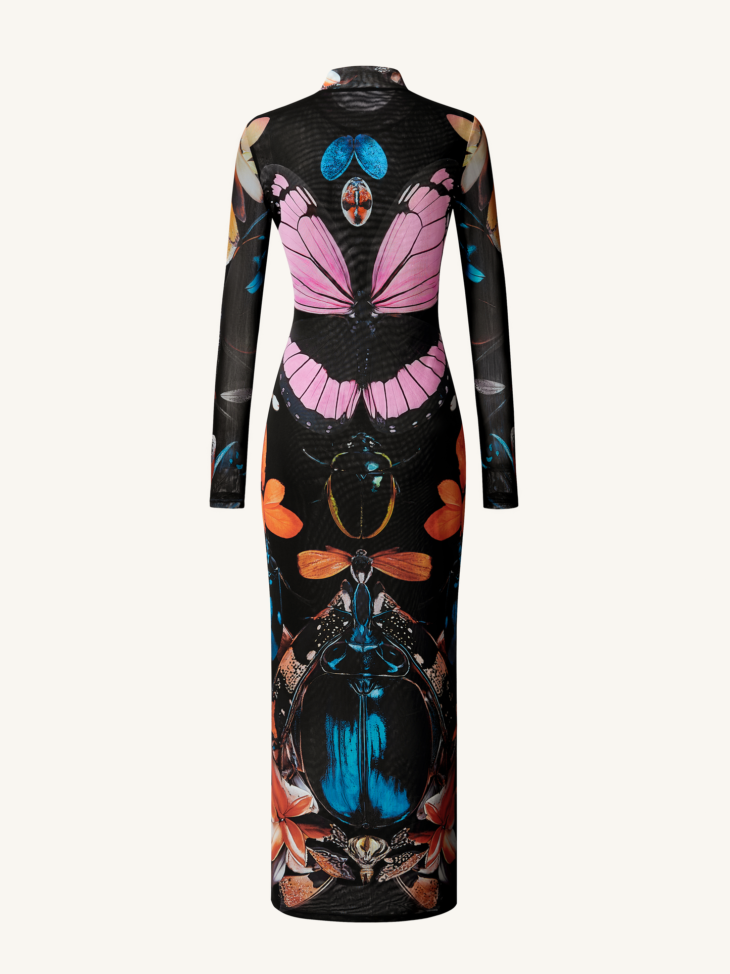 Çift Katlı File Transparan Kelebek Desenli ve Beetle Abiye Elbise - Çok Renkli