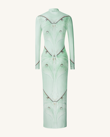 Moth Transparan File Abiye Elbise - Green/Beige