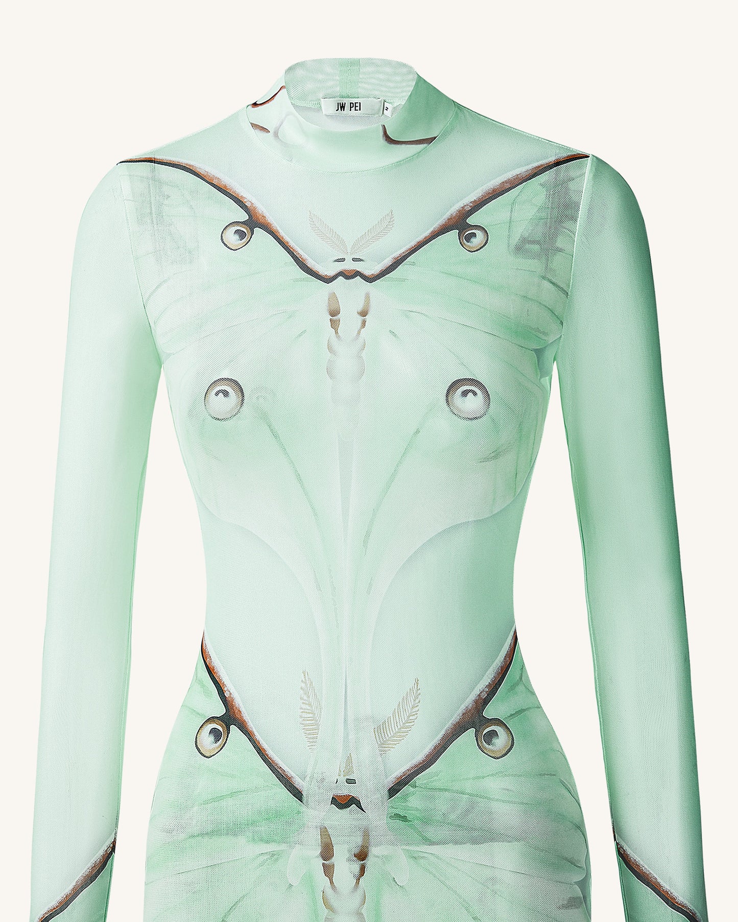 Moth Transparan File Abiye Elbise - Green/Beige
