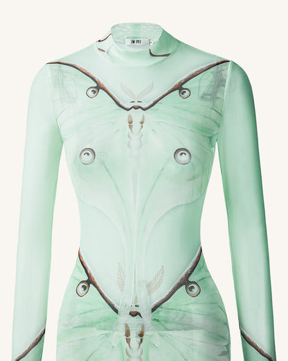 Moth Transparan File Abiye Elbise - Green/Beige