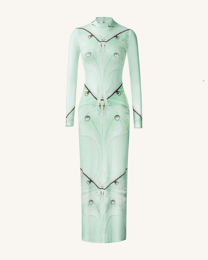 Moth Transparan File Abiye Elbise - Green/Beige