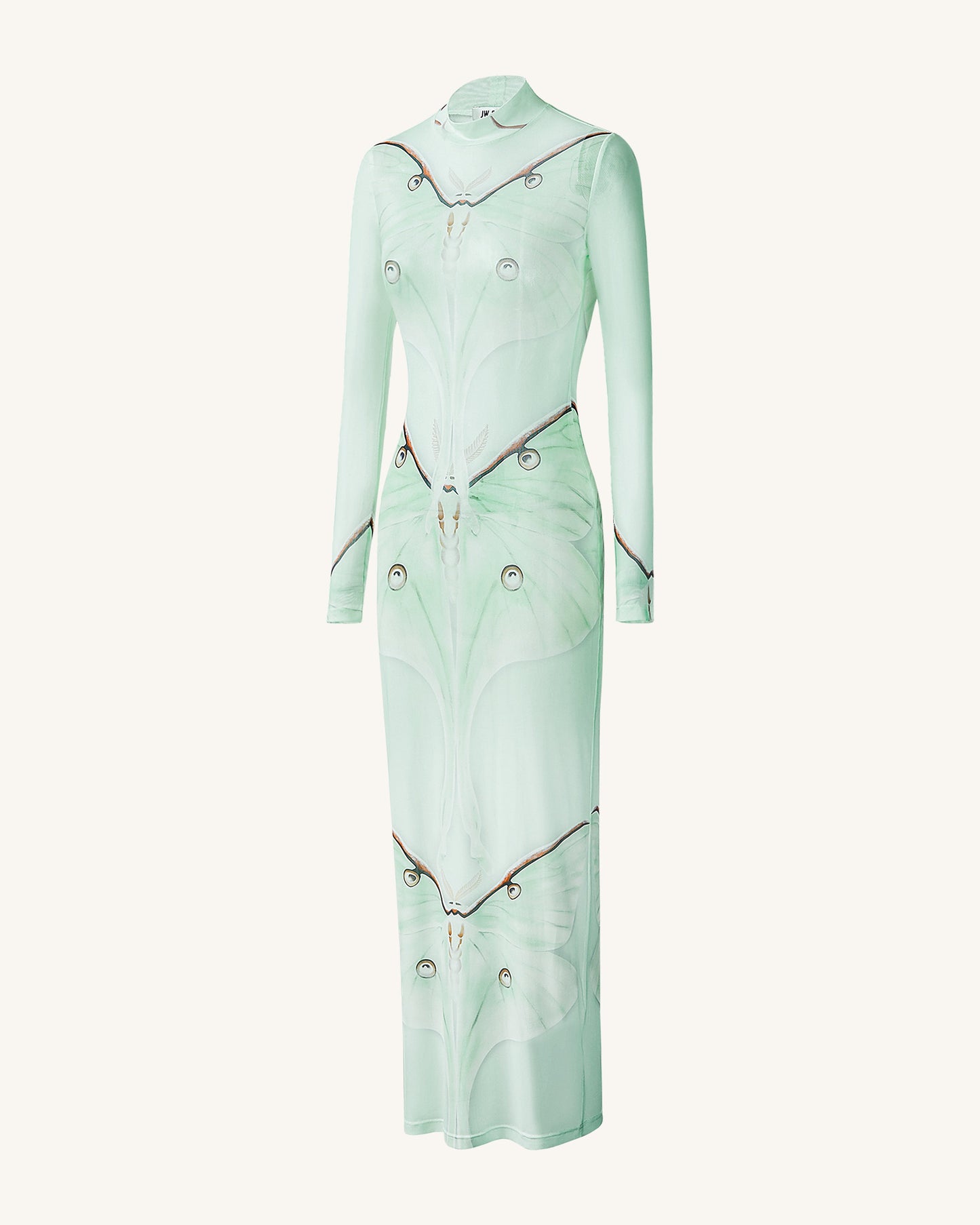 Moth Transparan File Abiye Elbise - Green/Beige