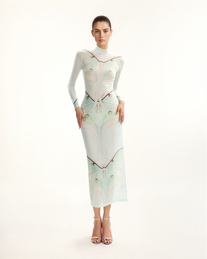 Moth Transparan File Abiye Elbise - Green/Beige