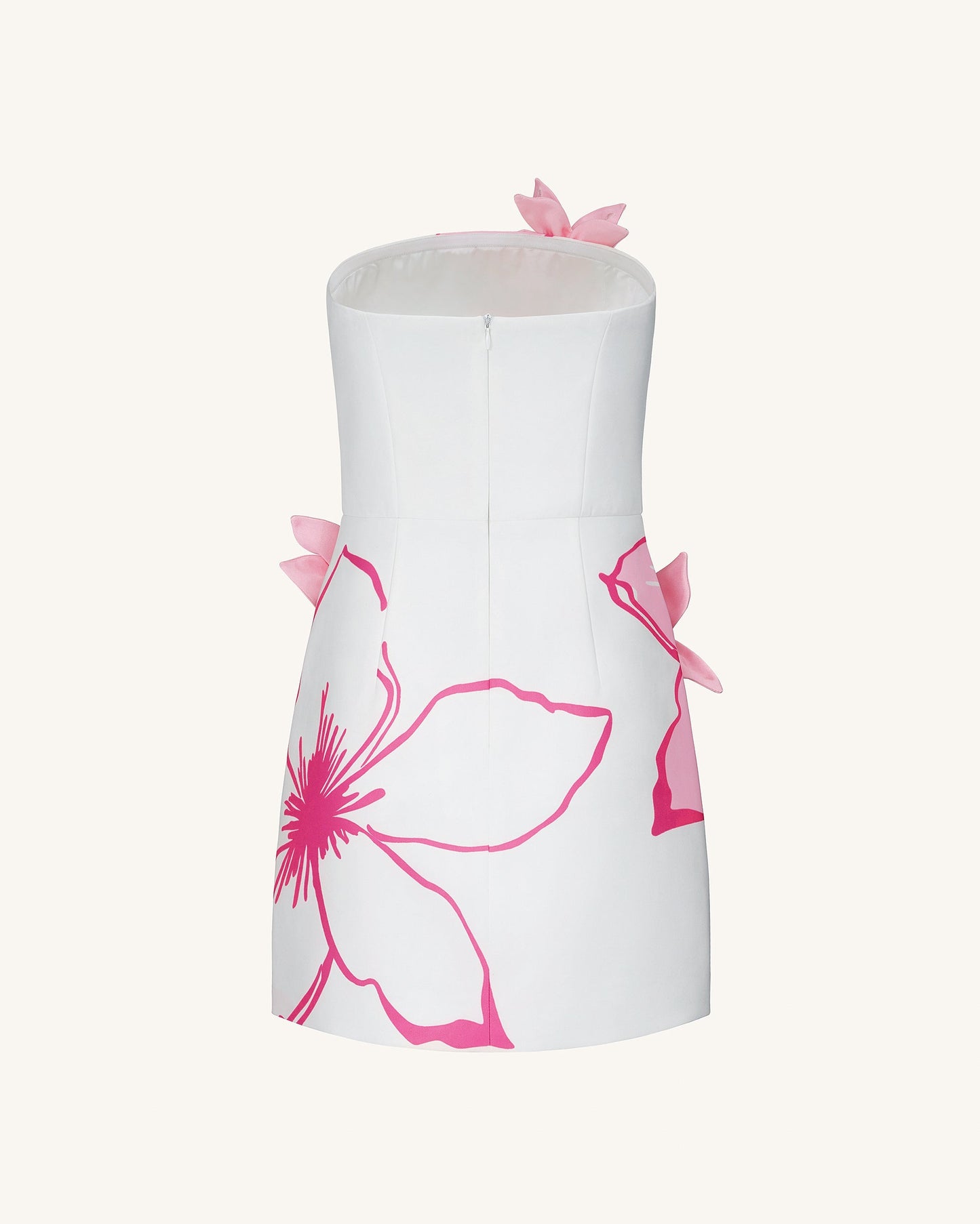 Mini Elbise ile Pembe Çiçek Desenli Appliqués - White/Pink