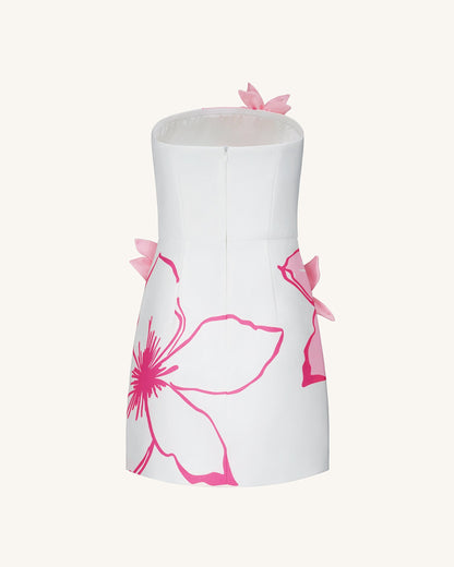 Mini Elbise ile Pembe Çiçek Desenli Appliqués - White/Pink