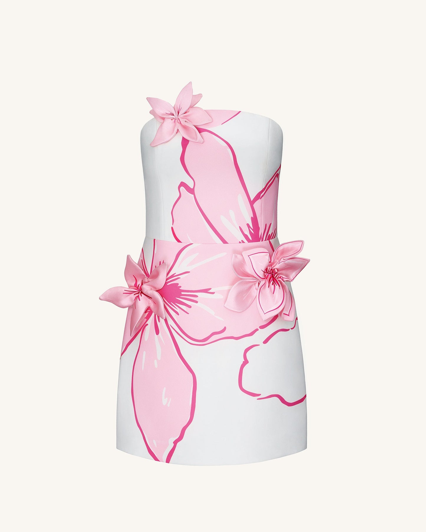 Mini Elbise ile Pembe Çiçek Desenli Appliqués - White/Pink