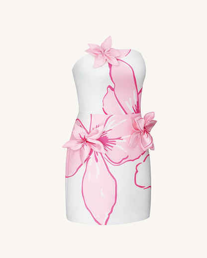 Mini Elbise ile Pembe Çiçek Desenli Appliqués - White/Pink