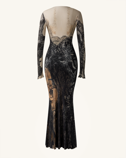 Isabella Vintage Desenli Elbise - Kahverengi & Siyah