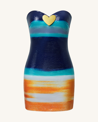 Olivia Metalik Kalp Desenli Payetli Elbise - Blue/Orange