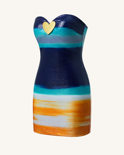 Olivia Metalik Kalp Desenli Payetli Elbise - Blue/Orange