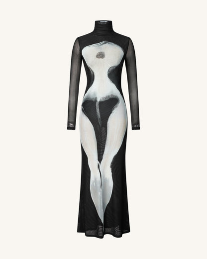 Eva Body Desenli File Elbise - Siyah ve Beyaz