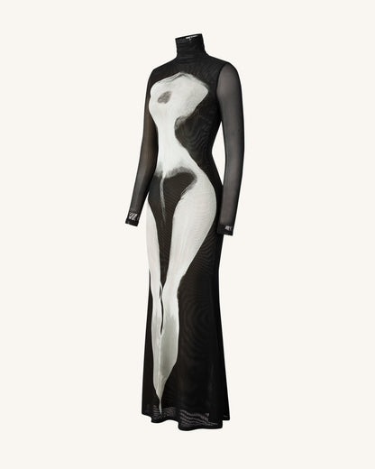 Eva Body Desenli File Elbise - Siyah ve Beyaz