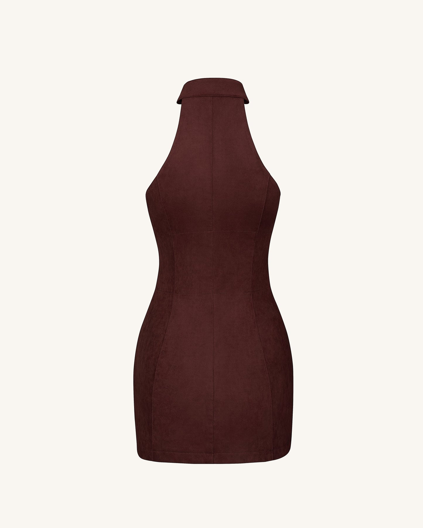 Yakut Kırmızısı Halter Yaka Zipper Mini Elbise - Kahve Kırmızı