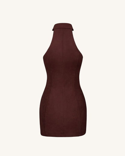 Yakut Kırmızısı Halter Yaka Zipper Mini Elbise - Kahve Kırmızı