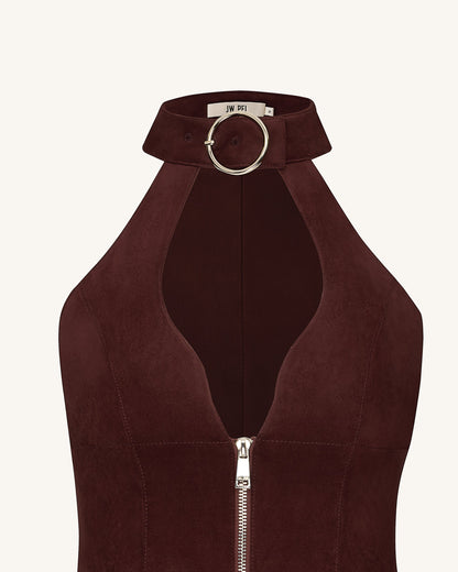 Yakut Kırmızısı Halter Yaka Zipper Mini Elbise - Kahve Kırmızı