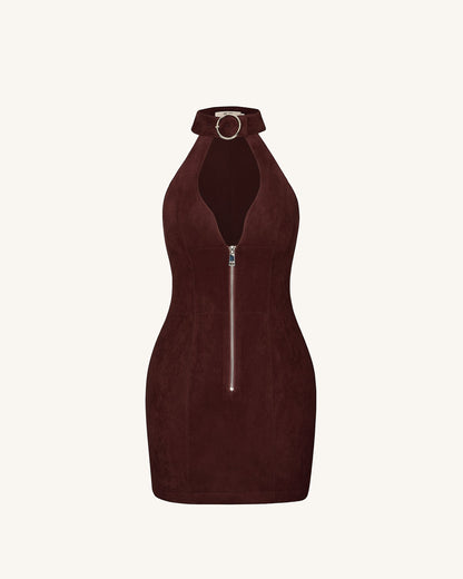 Yakut Kırmızısı Halter Yaka Zipper Mini Elbise - Kahve Kırmızı