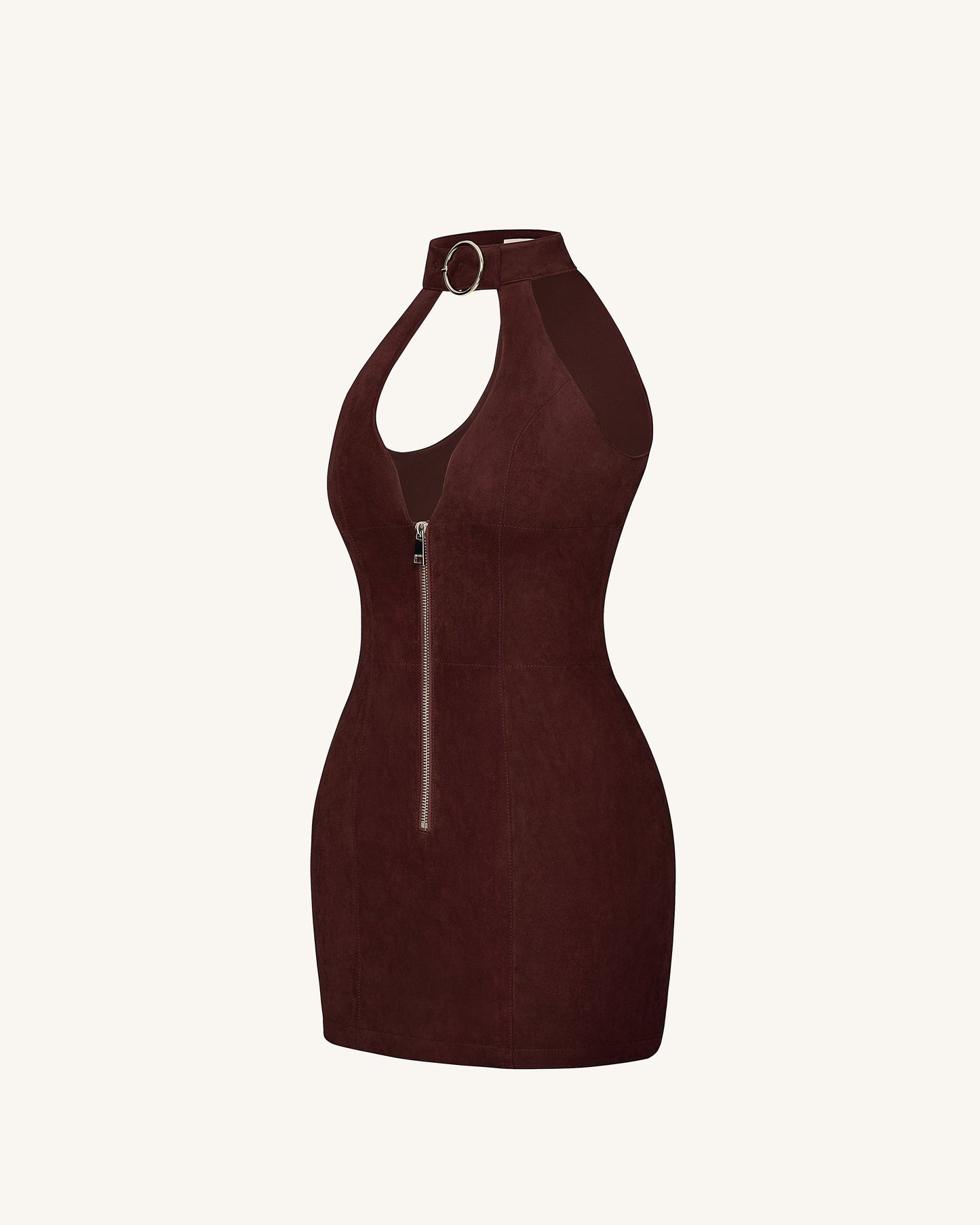 Yakut Kırmızısı Halter Yaka Zipper Mini Elbise - Kahve Kırmızı