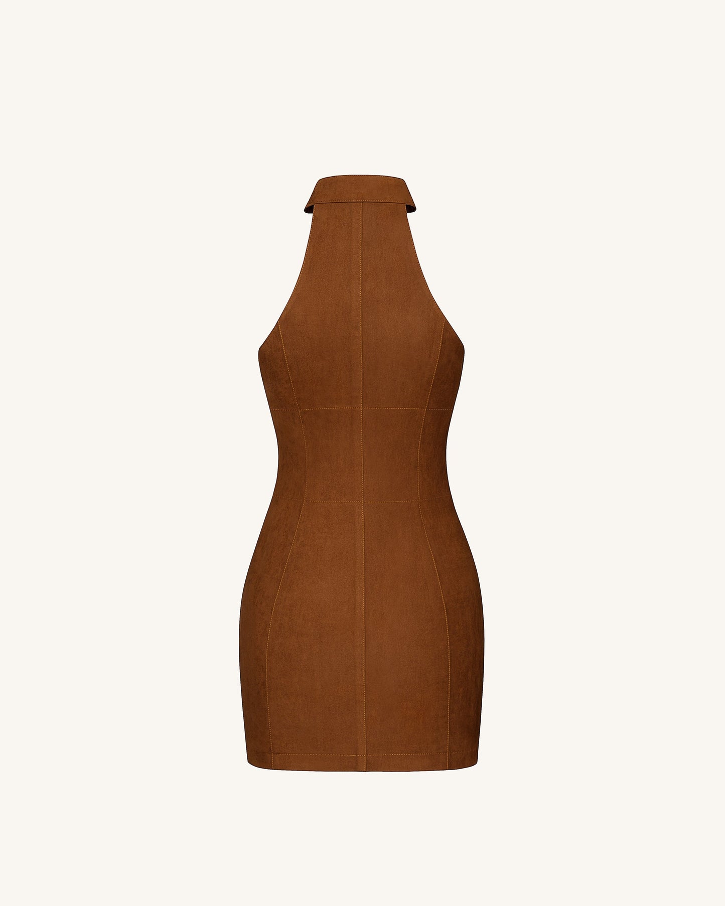 Yakut Kırmızısı Halter Yaka Zipper Mini Elbise - Kahverengi