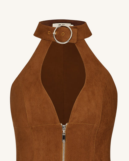 Yakut Kırmızısı Halter Yaka Zipper Mini Elbise - Kahverengi