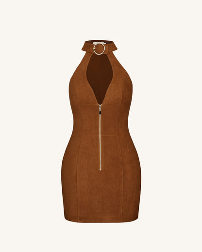 Yakut Kırmızısı Halter Yaka Zipper Mini Elbise - Kahverengi