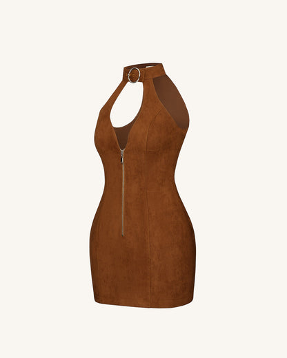 Yakut Kırmızısı Halter Yaka Zipper Mini Elbise - Kahverengi