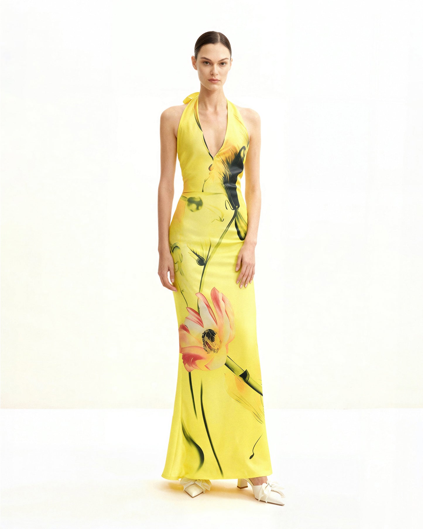 Çiçek Desenli Saten Halter Yaka Elbise - Yellow/Pink