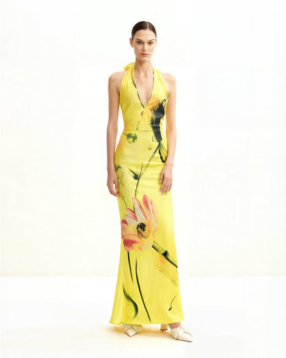 Çiçek Desenli Saten Halter Yaka Elbise - Yellow/Pink