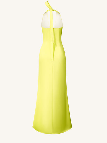 Çiçek Desenli Saten Halter Yaka Elbise - Yellow/Pink