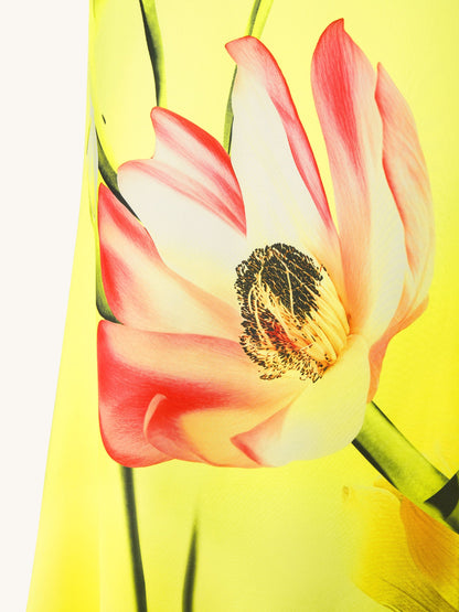 Çiçek Desenli Saten Halter Yaka Elbise - Yellow/Pink