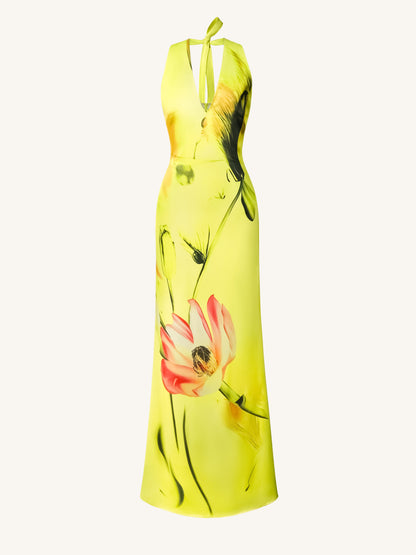 Çiçek Desenli Saten Halter Yaka Elbise - Yellow/Pink