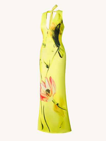 Çiçek Desenli Saten Halter Yaka Elbise - Yellow/Pink