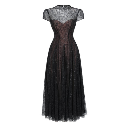 Velia Black Lace Glitter Tulle Maxi Gown