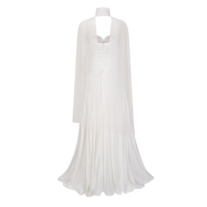 Palesa White Pleated Glossy Maxi Dress & Cape Set