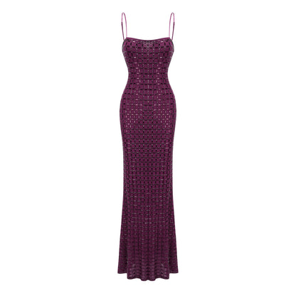 Térébenthine Purple Rhinestone Mesh Maxi Dress