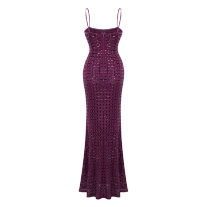 Térébenthine Purple Rhinestone Mesh Maxi Dress